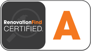 This logo demonstrates a company has received an A rating from Renovationfind.